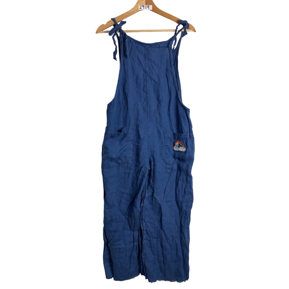 9seed Blue Cotton Gauze Rainbow Patch Tie Shoulder Overalls M/L USA boho artsy